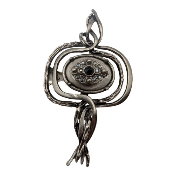 Handcrafted Twisted Metal Brooch With Ornate Centerpiece Silver Tone Statement - Picture 8 of 9